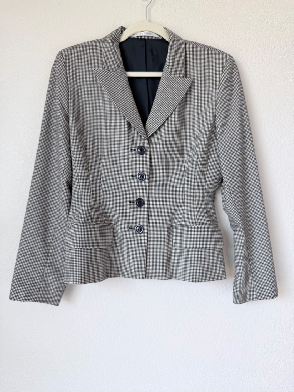Vintage 90s Marks & Spencer St Michael Navy Cream Wool Gingham Blazer 12